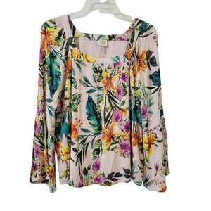 Cupio Tropical Floral Flowy Lined Bell Sleeve Blouse Top Women's Size M E23